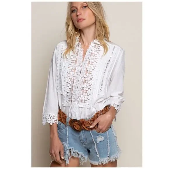 IVORY Floral Lace Mock Neck Blouse Flared Sleeves - Picture 12 of 14